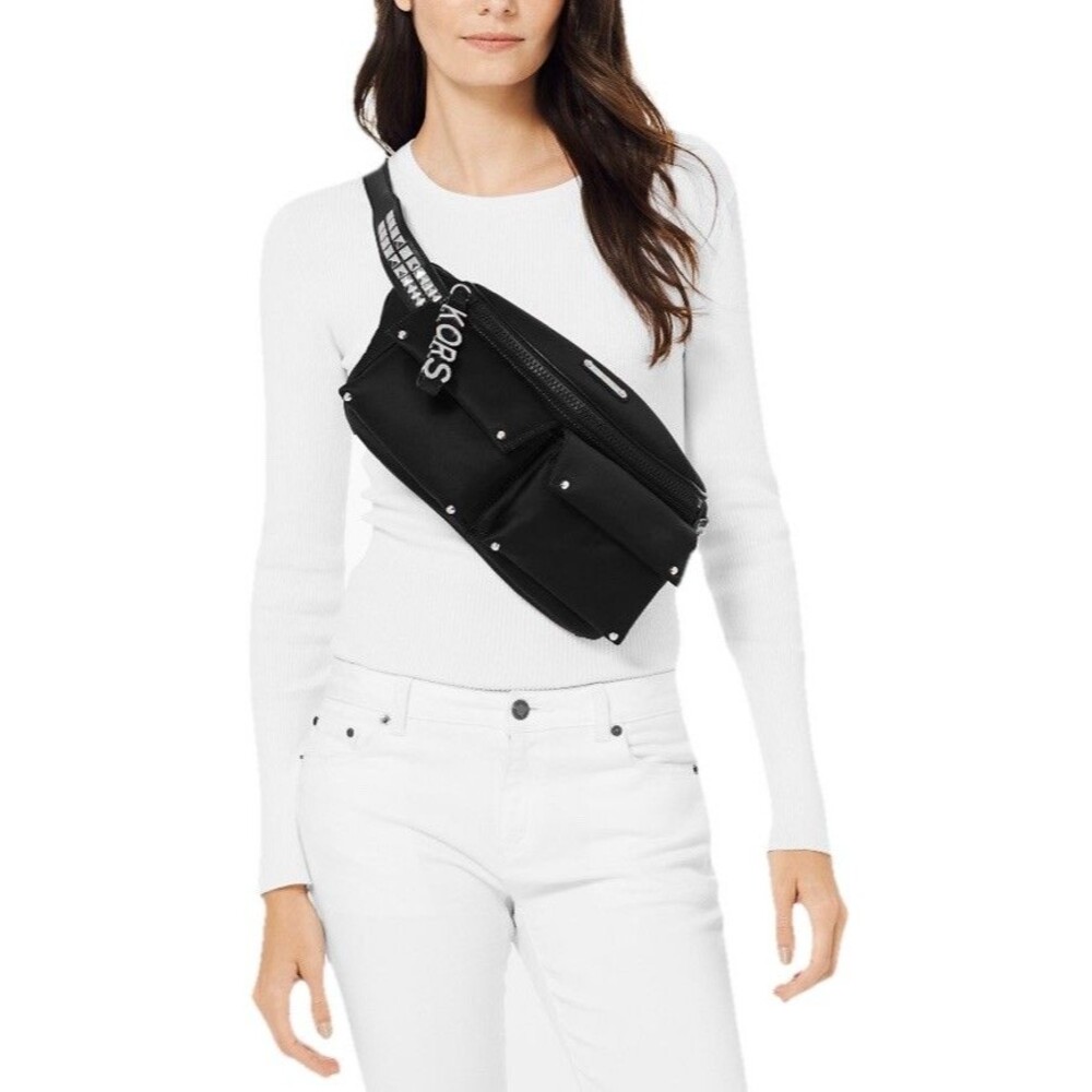 Michael Kors Olivia Large Studded Satin Belt Bag Black Silver Zip Up Goth NWOT